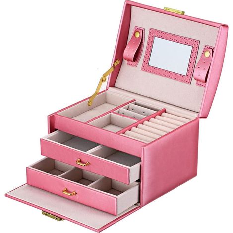 Boîte à Bijoux pour Femme en Cuir PU avec Miroir - 2 Tiroirs - Pour Ranger Bagues, Colliers et Boucles d‘Oreilles - Rose (1/5)