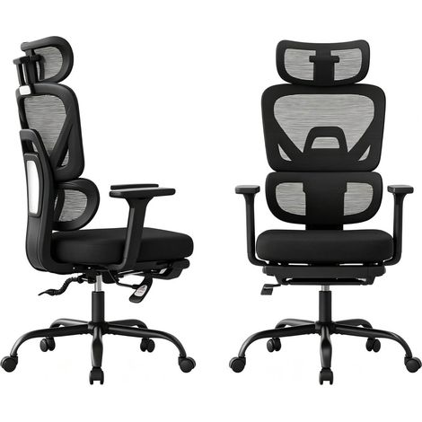 Sedia da ufficio ergonomica girevole con poggiapiedi, schienale in rete e poggiatesta nera (1/5)