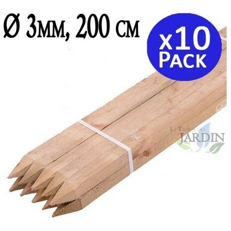 Set di 10 Tutore in Legno 200 cm, Diametro 3 cm. Palo in legno tondo con Punta, palizzata, picchetto di fissaggio (1/4)