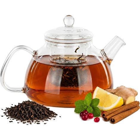 Jarra de vidrio con infusor de té, capacidad de 1,1 L, 25 cm de alto, 12 cm de ancho, apta para té e infusiones de hierbas, materiales aptos para uso alimentario. (1/5)