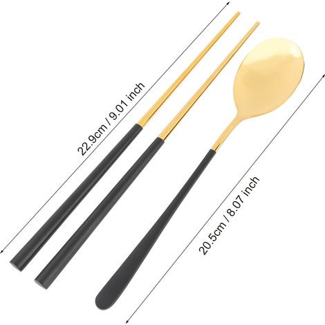 Ensemble de baguettes et cuillères réutilisables en acier inoxydable (noir et doré) (1/5)