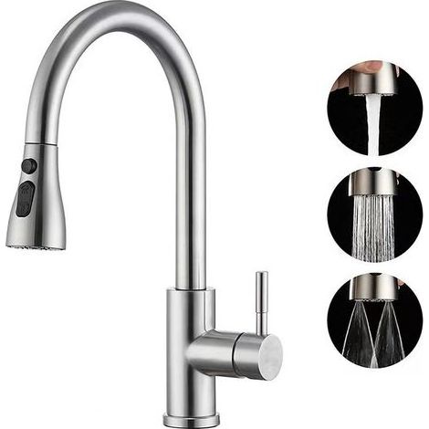 Robinet Cuisine avec Douchette Extractible, Mitigeur Cuisine Acier Inoxydable 304, Haut Bec Robinetterie Evier Rotatif à 360° en 3 Modes de Réglage, Finition Brossée, Froid & Chaud Disponible (1/5)