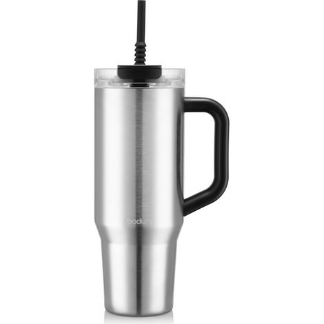 Travel Mug Tumbler 1,2 L Sleek Silver – Bouteille en métal noire avec paille, poignée et couvercle – Passe au lave-vaisselle – Pour boissons froides et café chaud (1/4)