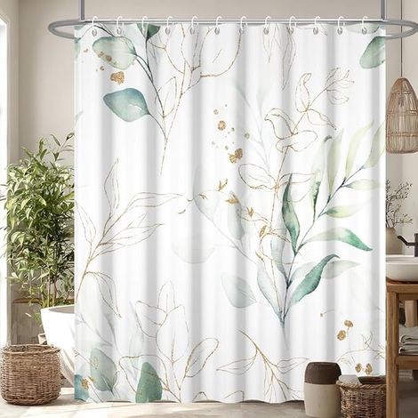 Rideau Douche Anti Moisissure, Rideau de Douche 180x180cm Vert Feuilles d'eucalyptus Aquarelle Rideaux de Baignoire Tissu Lavable Imperméable Polyester Rideaux Salle de Bain avec 12 Crochets (1/5)