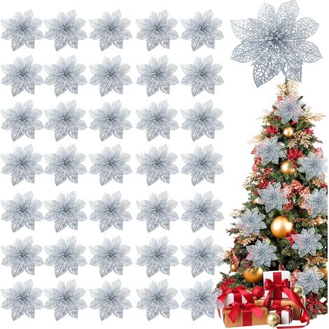 Set of 36 glitter poinsettia-shaped Christmas tree decorations, 4", artificial silk flowers for Christmas wreaths, holiday decoration (royal silver) (1/5)