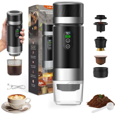 Machine à Café Portable de Voyage,12V Chauffage Rapide 3 En 1 Cafetiere Portable, Auto-Chauffage de 4 à 6 Minutes, Grandes Capsules,Café Moulu,Pour Le Camping,Bureau,Maison,Voiture (Noir) (1/5)