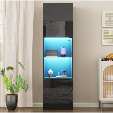 Vitrine sur pied noire brillante avec éclairage LED USB, 1 étagère en verre trempé, 160 cm DESVIAE (1/5)
