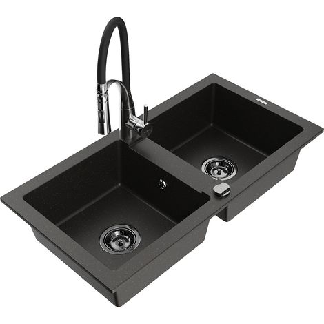 Mexen Mario 2-Becken-Granitspüle mit Mischbatterie Aster, Schwarz/Gold metallisch - 6504-75-73450-07-B (1/5)