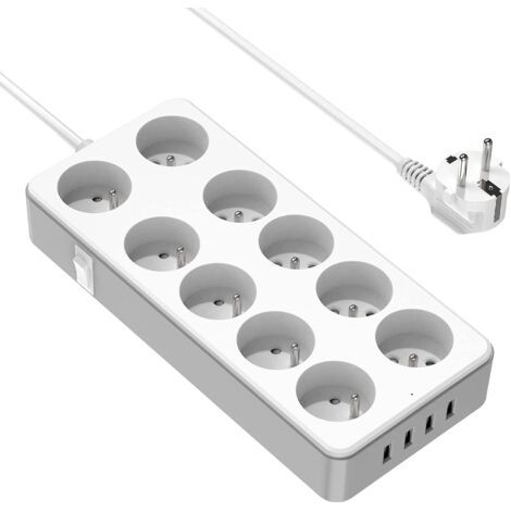 ZOLGINAH Multiprise USB, Bloc Multiprise Electrique 10 Prises et 4 Ports USB Chargeur, 3840W 16A Multiprise avec Interrupteur Parasurtenseur, 14 en 1 Multiprise Plate pour Maison Bureau, 2M, Blanc (1/5)