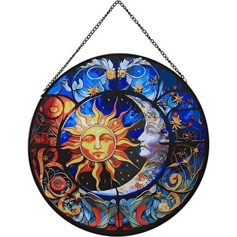 Vitrail suspendu pour fenêtres, attrape-soleil, 20 cm, motif soleil et lune, décoration de jardin, décoration de Noël (1/5)
