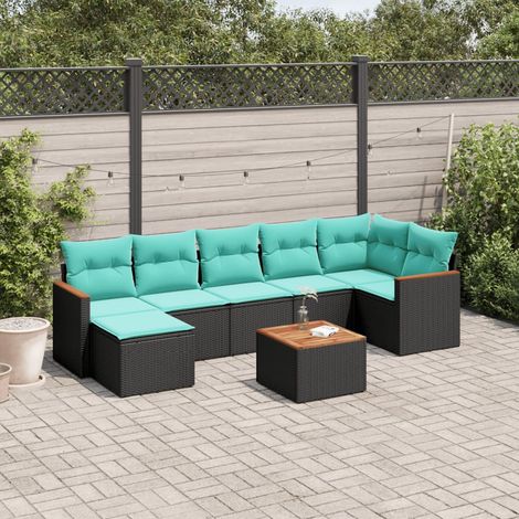 Salon de jardin modulable 8 pièces en résine tressée noire, coussins bleus, 62kg - PANGIVO (1/5)