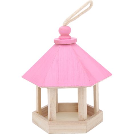 Mangeoire à oiseaux en bois, fabrication artisanale, pour perroquets suspendus en plein air, nichoir avec toit rose (1/5)