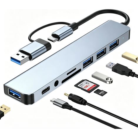 Station d'accueil 8 en 2 USB-C et USB-A, hub adaptateur multiport avec USB 3.0, lecteur de cartes SD/TF et prise audio 3,5 mm pour o (1/5)