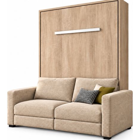 Lit escamotable vertical KIMBER avec canapé tissu intégré – Le salon le jour, un vrai lit la nuit Chêne clair Beige-140x190-Cadre Chêne clair-Façade Chêne clair-Canapé Beige (1/5)