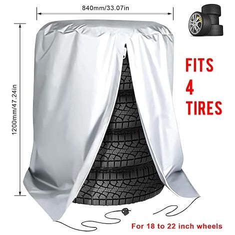 Tyre Cover Tyre Storage Covers Waterproof Car Tyre Cover Nylon Fabric 210T Zippered Tyre Covers 84 x 120 cm Silver for 4 Tyres 18/19/20/21/22 Inches (1/4)