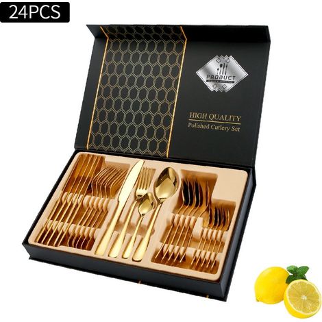Ensemble de 24 couverts en acier inoxydable, finition miroir, résistant à la chaleur et à la rouille, pour un usage quotidien, couleur or. (1/3)