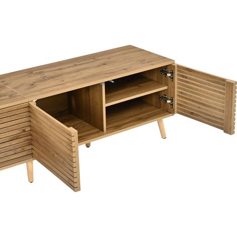 Meuble TV en bois clair 180 cm pour TV 75 pouces avec 4 portes, 6 compartiments réglables et passe-câbles pour salon et séjour (1/5)