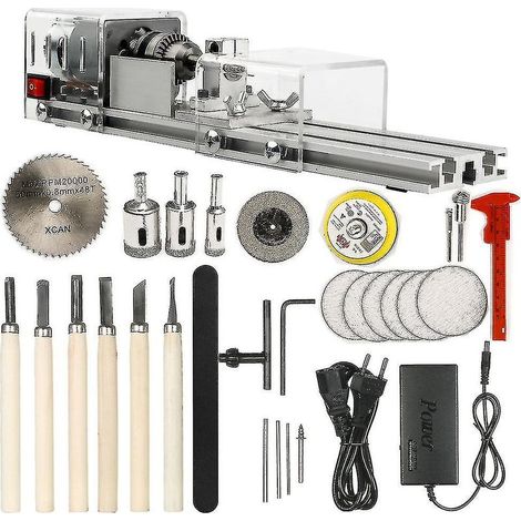 Mini torno para madera dura – Velocidad ajustable de 1500 a 7000 rpm – Alimentación de 12-24 V – Juego completo de accesorios (1/4)