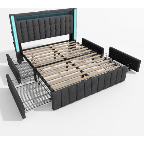 Bett 140 x 200 cm mit Schubladen, LED, USB-C und Lattenrost grau MODENUIT (1/5)