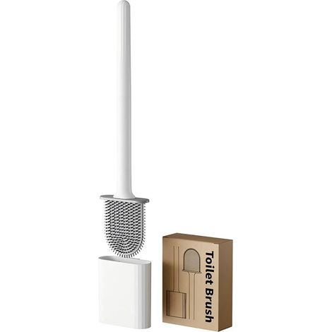 1 brosse WC et support, tête de brosse flexible avec poils en silicone, économie d'espace pour le rangement, nettoyage en profondeur, anti-gouttes, facile à assembler, blan (1/5)