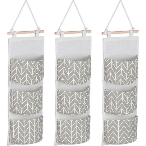 Relaxdays Hängeorganizer, 3 Fächer, Baumwolle, HxB: 74x20 cm, Wandorganizer Bad, Flur, Büro, Hängeaufbewahrung, grau