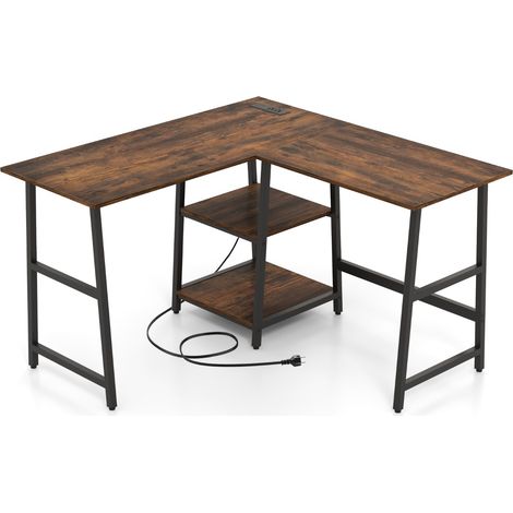 Scrivania angolare 120cm prese corrente porte USB ripiani lavoro L Marrone Rustico (1/4)