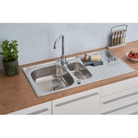 Respekta – Évier à encastrer 1,5 cuve en acier inoxydable 100 x 50 cm – Évacuation réversible – 2 trous de robinet – Pour meuble bas 60 cm