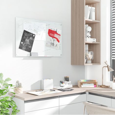 Pizarra blanca magnética de vidrio 90 x 60 cm con accesorios DESVIAE (1/5)