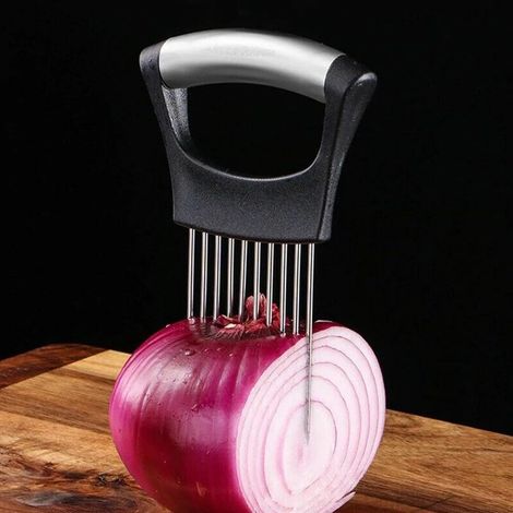 Aiguille à oignon en acier avec support d'aide à la coupe en toute sécurité trancheuse facile tomate fourchette sûre couteau à légumes de poche cuisine noir 14x9.3cm (1/4)