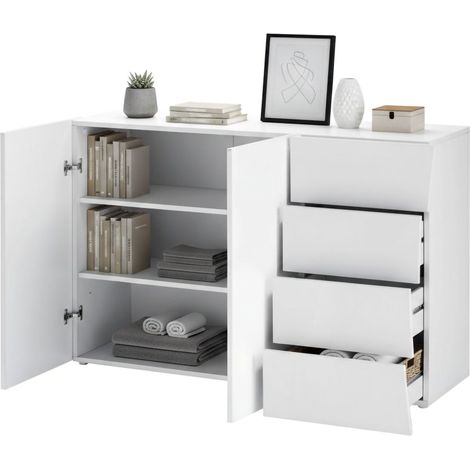 Dmora - Credenza Dmogno, Madia da cucina a 2 ante e 4 cassetti, Buffet da soggiorno, 100% Made in Italy, cm 124x40h82, Bianco lucido