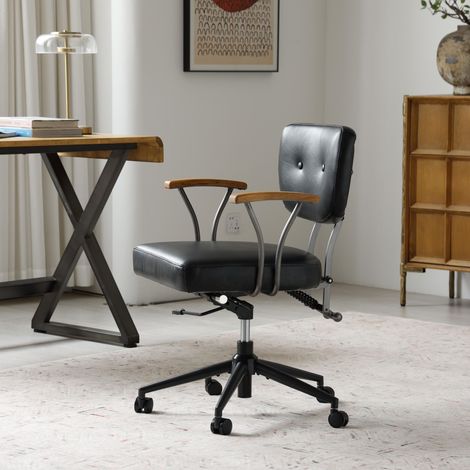 Fauteuil de bureau en cuir noir – design ergonomique – Base pivotante 360° – hauteur réglable – accoudoirs chêne (1/5)