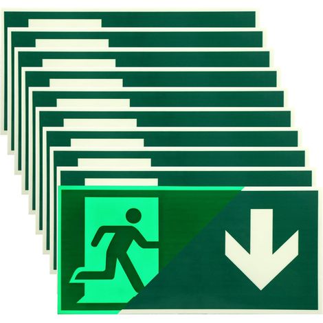 Lot de 10 panneaux de sortie de secours, phosphorescents, 300 x 150 mm, autocollants, pour sortie de secours, flèche vers le bas (1/5)