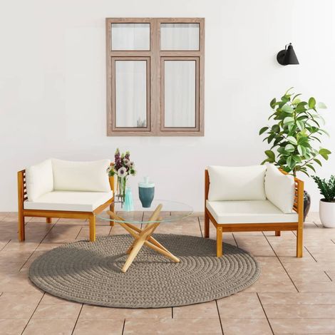 2 pcs Canapés d'angle, Canapés relax, Canapés d'angle de jardin avec coussins blanc crème Acacia solide MJU9349 (1/5)