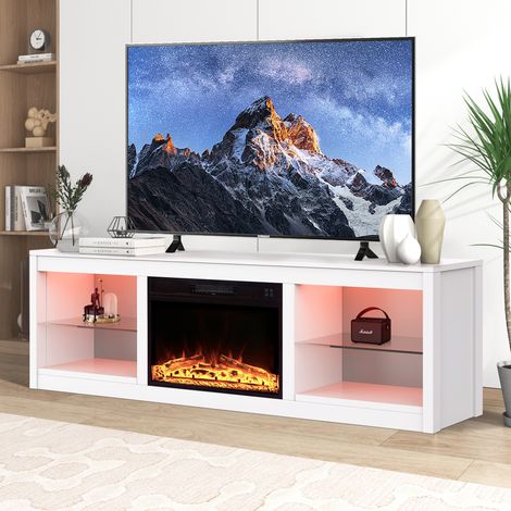 Parrot Uncle TV-Lowboard für Fernseher bis 75 Zoll, 168 x 40 x 56 cm, Weiß, MDF, mit 24 Zoll LED-Elektrokamin und RGB-Beleuchtung, modernes TV-Möbel mit Stauraum