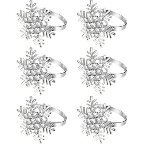 Set aus 6 silbernen Weihnachtsserviettenringen in Form von Schneeflocken mit weißen Strasssteinen, für die Weihnachts- und Thanksgiving-Tafel...