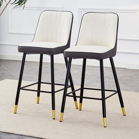Tabouret de bar Lot de 2, Chaise haute de cuisine pour îlot central et mange-debout, Métal robuste et cuir PU hauteur 100cm, Blanc et Gris clair (1/5)