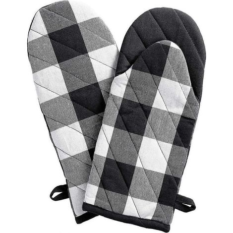 Gants de cuisine noirs et blancs pour four à micro-ondes, isolants, résistants aux hautes températures, en coton épais à mailles quadrillées, anti-brûlures. (1/3)