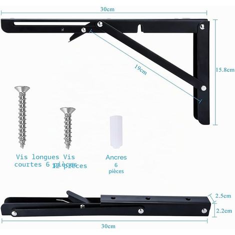 Support d' Étagères Pliable, 300mm Équerre Pliante Noir Support Console Pliants, Murale Supports Pliante, Table Etagere Murale Garage Cuisine Chambre Bureau (1/3)