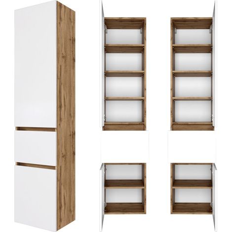 Badezimmer Seitenschrank 40 cm LAURIA-03 Wotaneiche Nb. mit matt weiß, BxHxT: ca. 40x180x35 cm (1/5)