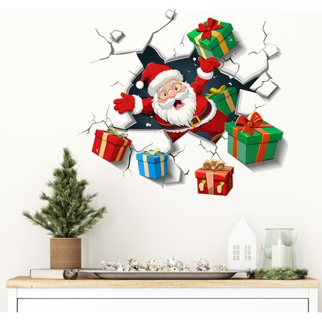 Adesivo murale 3D con effetto "sfondamento del muro", 2 pagine di adesivi murali 3D con Babbo Natale, autoadesivi, ideali per la decorazione della casa. (1/2)