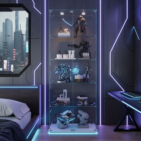 Glasvitrine mit LED-Beleuchtung – 4 Ablageflächen – Doppeltür mit Schloss – 77x39x187 cm – Vitrine für Sammlerstücke – Weiß