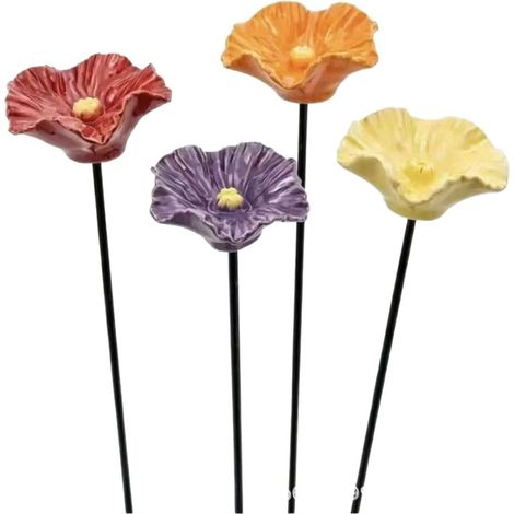 Regador de cerámica para flores con estaca de metal, cuenco poco profundo para abejas/pájaros/mariposas, juego de 4, para jardín/terraza/balcón. (1/5)