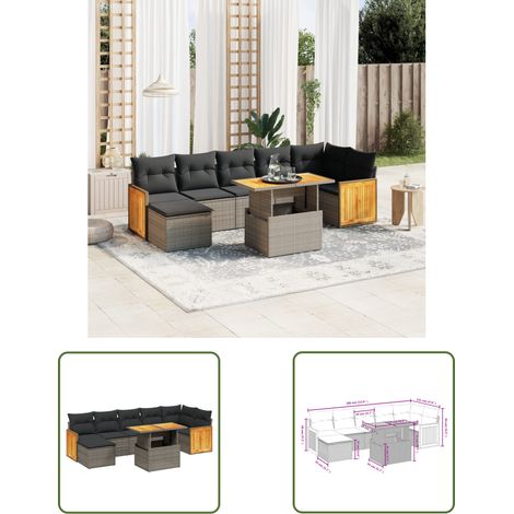 The Living Store 8-tlg. Garten-Sofagarnitur mit Kissen Grau Poly Rattan - Gartenmöbel - Outdoor Möbel - Rattan Gartenset - Lounge Set - Sofasitzgruppe