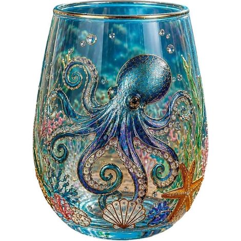 Verre à vin sans pied imprimé 3D motif animal pieuvre bord doré, verre à whisky cristal transparent pour cocktails, cafés glacés, cadeau (1/4)