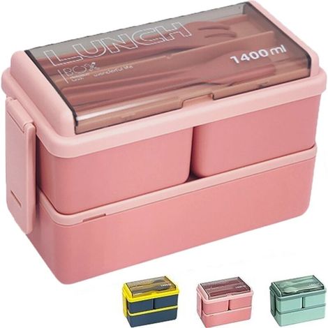 Boîte à lunch - Boîte Bento 1400 ml - Pour adultes et enfants - Boîte à lunch avec compartiments et couverts - Plastique - Convient au micro-ondes - Anti-fuite - Rose (1/5)
