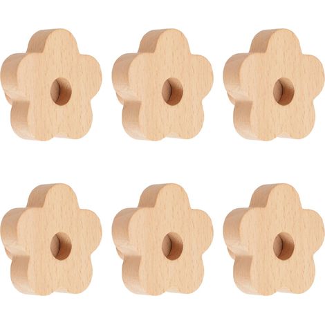 Lot de 6 boutons en bois de hêtre naturel fait à la main en forme de fleur pour tiroir, armoire, commode, avec vis et tube d'extension (1/5)