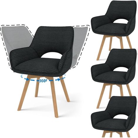 4er Set Esszimmerstühle drehbar 360° mit Armlehnen, Cord Schwarz, Holzbeine (1/5)