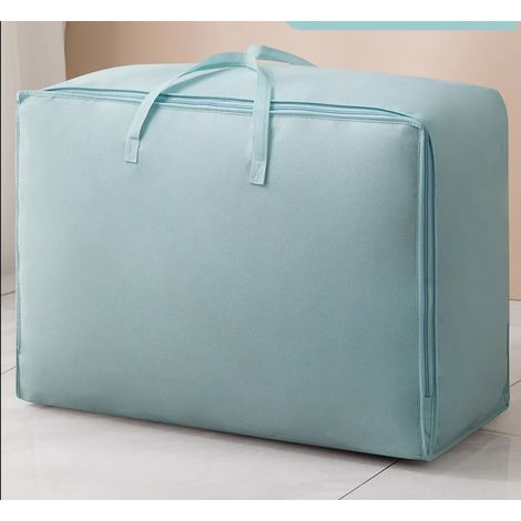 Grand sac de rangement bleu 70x50x26cm, 100L, pour couettes, oreillers et vêtements, avec poignée renforcée et fermeture éclair solide, organisateur de literie spacieux. (1/5)