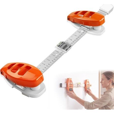 Outil de suspension de cadres avec niveau à bulle - Mètre ruban intégré de 47,5 cm et poussoir magnétique - Orange/Blanc (1/5)