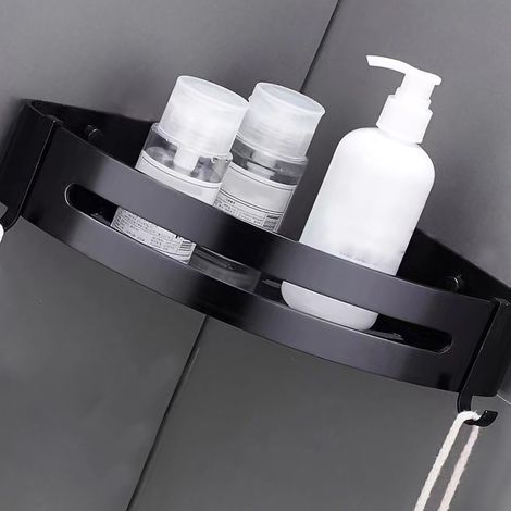 Eckregal aus Aluminium, schwarz, für Badezimmer, dreieckiges, wandmontiertes Ablageregal mit Kante, einlagig, zur Befestigung an der Toilette. (1/3)